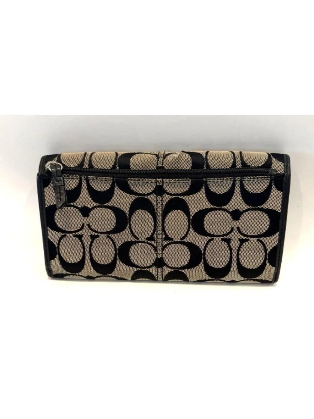 Coach Signature‎ C Monogram Tan  Brown Leather Trim Trifold Wallet